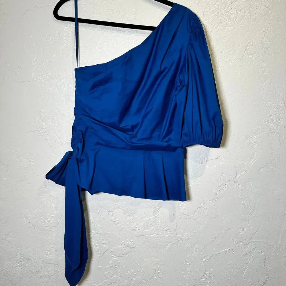 NWT WHBM Size 10 Blouse Asymmetrical Bow Royal Blue Side Ruching Puff Sleeve8